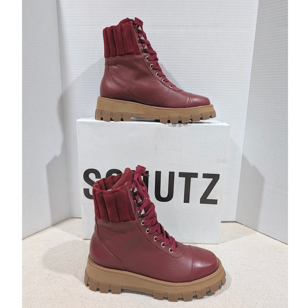 Schutz Sutton Dark Red Burgundy Leather Suede Lug Sole Combat Boots 7B NIB - Picture 6 of 11